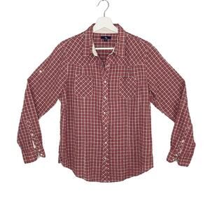 Gap Shirt Womens XL Red Snap Front Plaid Tab Sleeve Seer Sucker Stretch Cowgirl